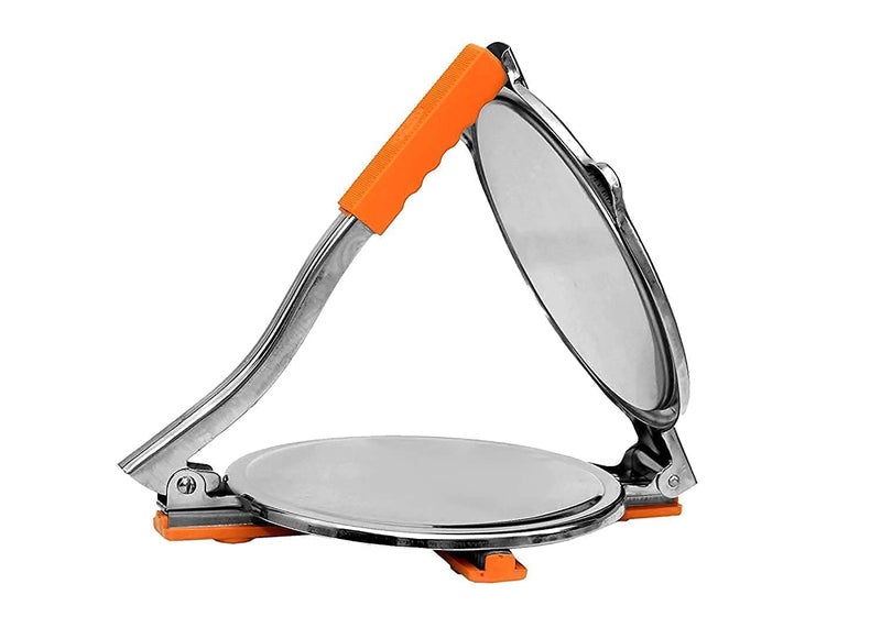 BLLUEX Stainless Steel 6.69 inch Roti Press Maker Machine For Making Chapati, Puri, Khakhra, Papad, Pathiri and Manual Hand Press with Handle - Orange-Silver (Medium) - Image 4