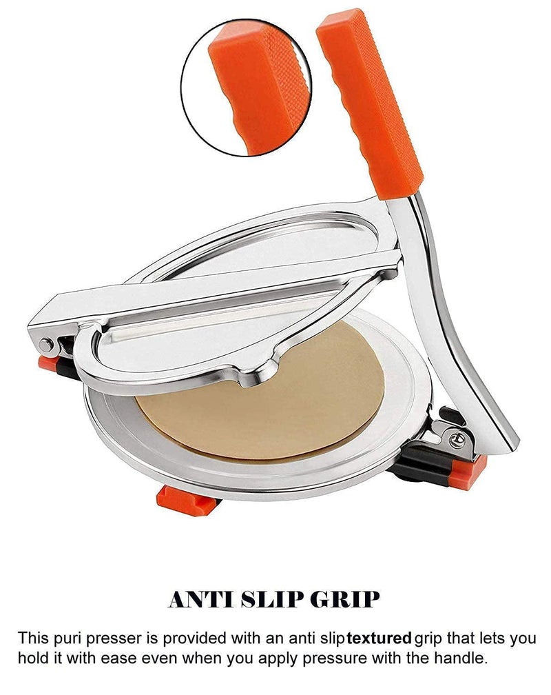 BLLUEX Stainless Steel 6.69 inch Roti Press Maker Machine For Making Chapati, Puri, Khakhra, Papad, Pathiri and Manual Hand Press with Handle - Orange-Silver (Medium) - Image 3