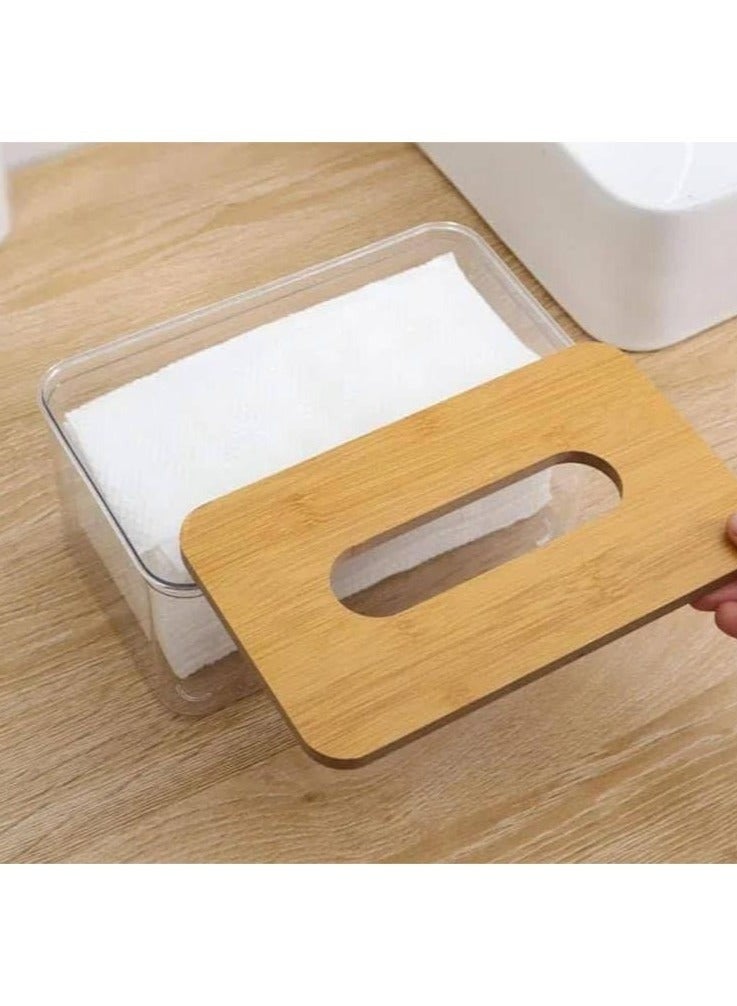 صندوق تخزين مناديل بغطاء خشبي أكريليك للمطبخ والحمام لغرفة المعيشة 10x23.5x13.5 سم شفاف - Image 2