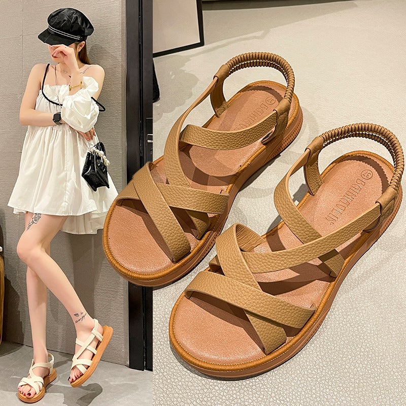 2023 New Roman Flat Sandals for Women, Soft Sole, Elastic Band, Chunky Sole - Image 2