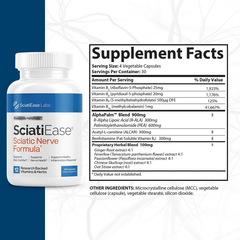 SciatiEase مكمل دعم صحة العصب الوركي تركيبة دعم الأعصاب مع ألفا بالميت حمض الفوليك 300 ملغ 120 كبسولة - Image 2