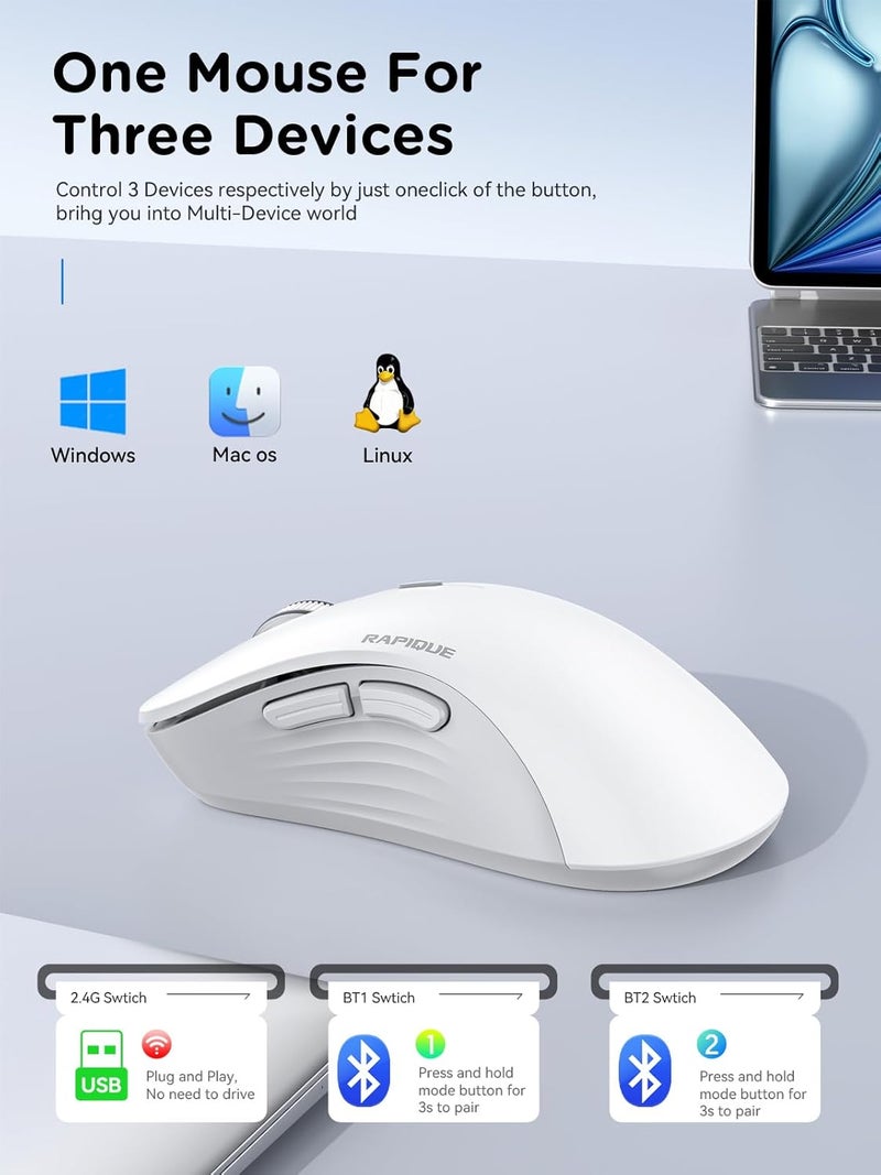 RAPIQUE Wireless Mouse - Dual Bluetooth & 2.4 GHz USB Receiver, Ergonomic Design, Quiet Clicks, Low Power - Multi-Device Compatibility for Laptop, Computer, iPad, MacBook, Chromebook (White and Grey) - Image 2
