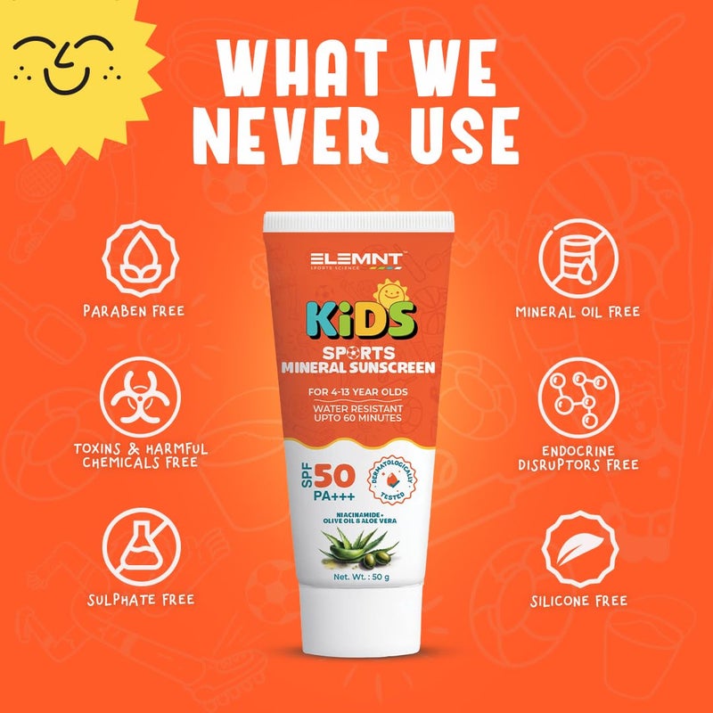 elemnt واقٍ من الشمس للأطفال Elemnt للرياضة SPF 50 PA مختبر جلدياً مقاوم للماء تركيبة صديقة للأطفال مع النياسيناميد زيت الزيتون الألوة فيرا واقٍ من الشمس للأطفال للفتيات والفتيان من 4 إلى 13 سنة 100 جرام عبوة من 2 - Image 4