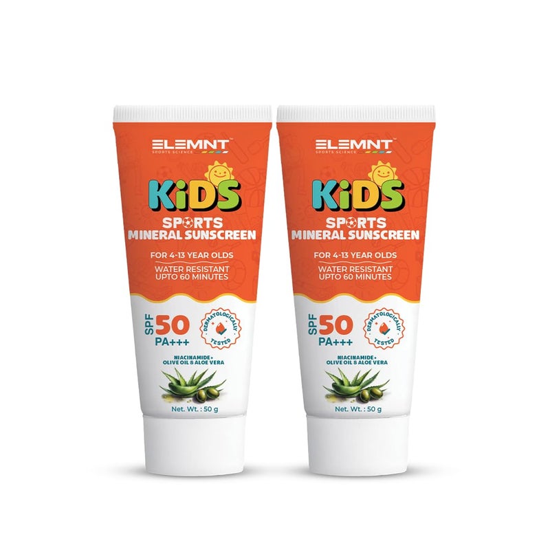 elemnt واقٍ من الشمس للأطفال Elemnt للرياضة SPF 50 PA مختبر جلدياً مقاوم للماء تركيبة صديقة للأطفال مع النياسيناميد زيت الزيتون الألوة فيرا واقٍ من الشمس للأطفال للفتيات والفتيان من 4 إلى 13 سنة 100 جرام عبوة من 2 - Image 1