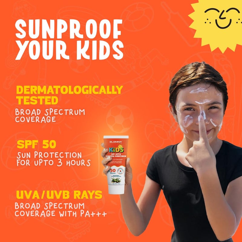 elemnt واقٍ من الشمس للأطفال Elemnt للرياضة SPF 50 PA مختبر جلدياً مقاوم للماء تركيبة صديقة للأطفال مع النياسيناميد زيت الزيتون الألوة فيرا واقٍ من الشمس للأطفال للفتيات والفتيان من 4 إلى 13 سنة 100 جرام عبوة من 2 - Image 3