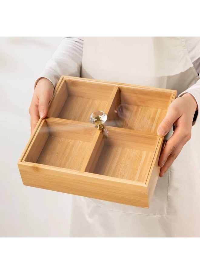 Bamboo wooden snack dish with 4 compartments, used for serving nuts and all kinds of snacks, or as an organizer for tea and herb packets, spices, or accessories. - Image 2