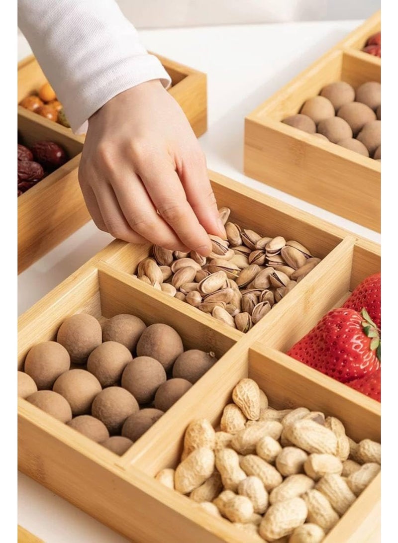 Bamboo wooden snack dish with 4 compartments, used for serving nuts and all kinds of snacks, or as an organizer for tea and herb packets, spices, or accessories. - Image 4