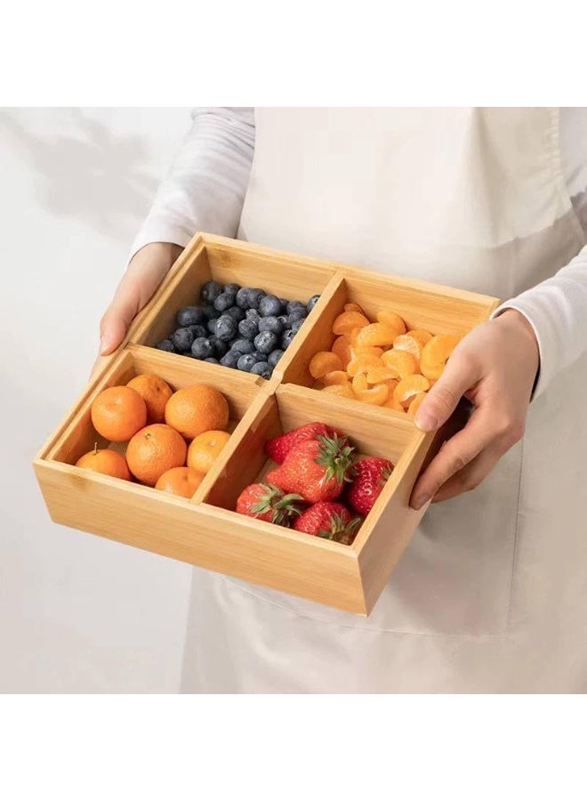 Bamboo wooden snack dish with 4 compartments, used for serving nuts and all kinds of snacks, or as an organizer for tea and herb packets, spices, or accessories. - Image 1