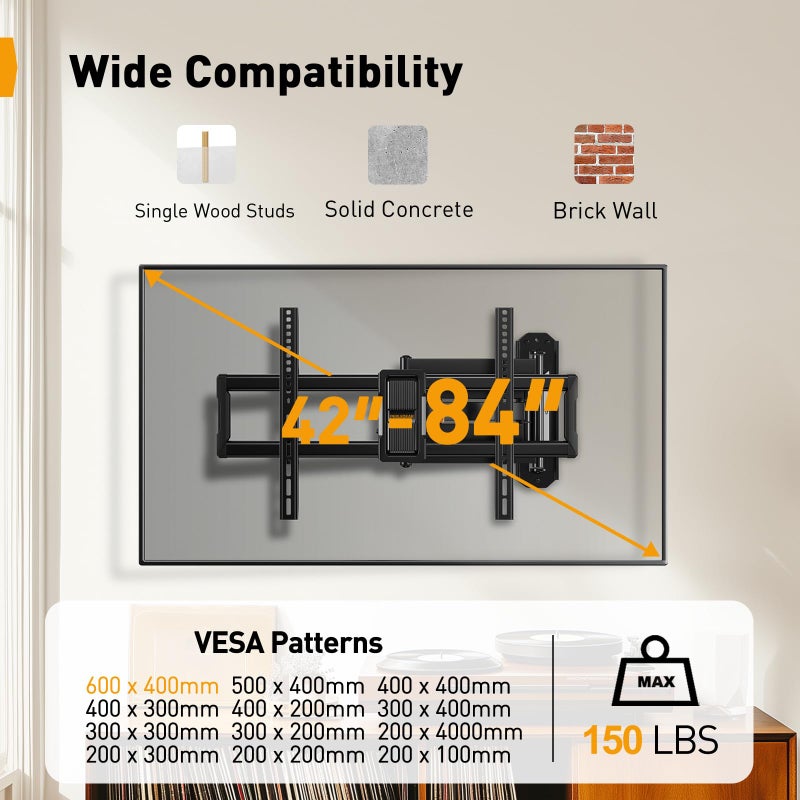 Perlegear Corner TV Wall Mount Long Arm TV Mount for 42-84 Inch TVs up to 150 lbs - Full Motion Wall Mount Single Stud with 37.2" Extension & Swivel Articulating Arm & Tilt, MAX VESA 600x400mm - Image 2