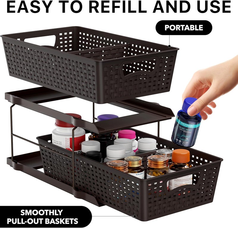 Simple Houseware 2 Tier Bathroom Organizer Tray Pull-Out Sliding Drawer/Under-Sink Storage, Brown - Image 3