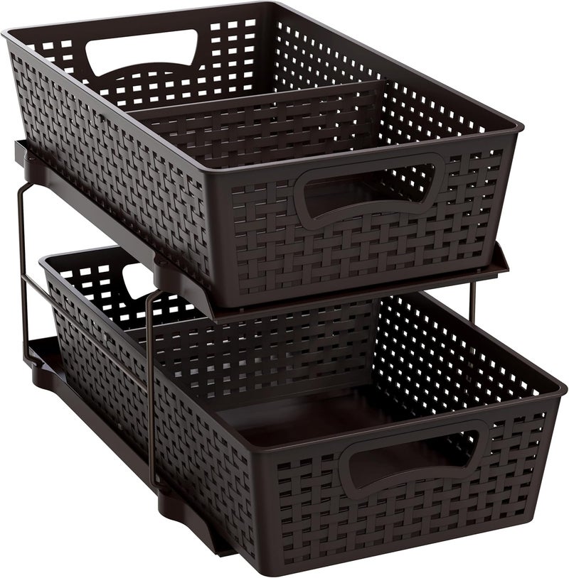 Simple Houseware 2 Tier Bathroom Organizer Tray Pull-Out Sliding Drawer/Under-Sink Storage, Brown - Image 1
