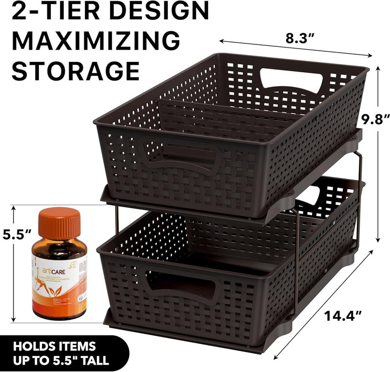 Simple Houseware 2 Tier Bathroom Organizer Tray Pull-Out Sliding Drawer/Under-Sink Storage, Brown - Image 2