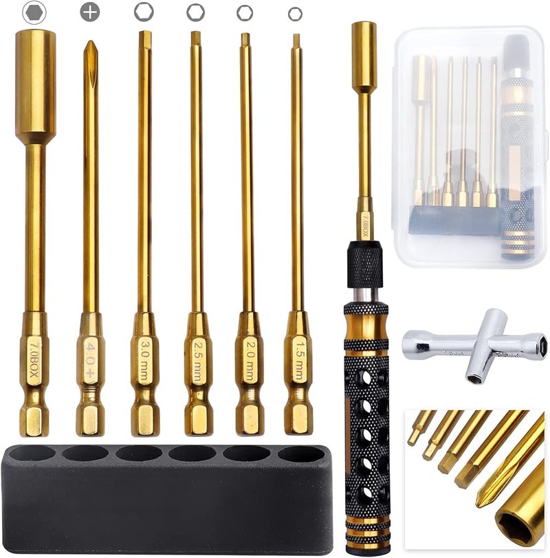 Hobbypark 6 in 1 RC Hex Driver Screwdriver Set 1.5mm 2.0mm 2.5mm 3.0mm & Hex Nut Driver & Phillips Bit and Wheel Wrench for RC Car Hobby Tool Kit - Image 1