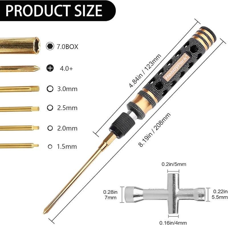 Hobbypark 6 in 1 RC Hex Driver Screwdriver Set 1.5mm 2.0mm 2.5mm 3.0mm & Hex Nut Driver & Phillips Bit and Wheel Wrench for RC Car Hobby Tool Kit - Image 2