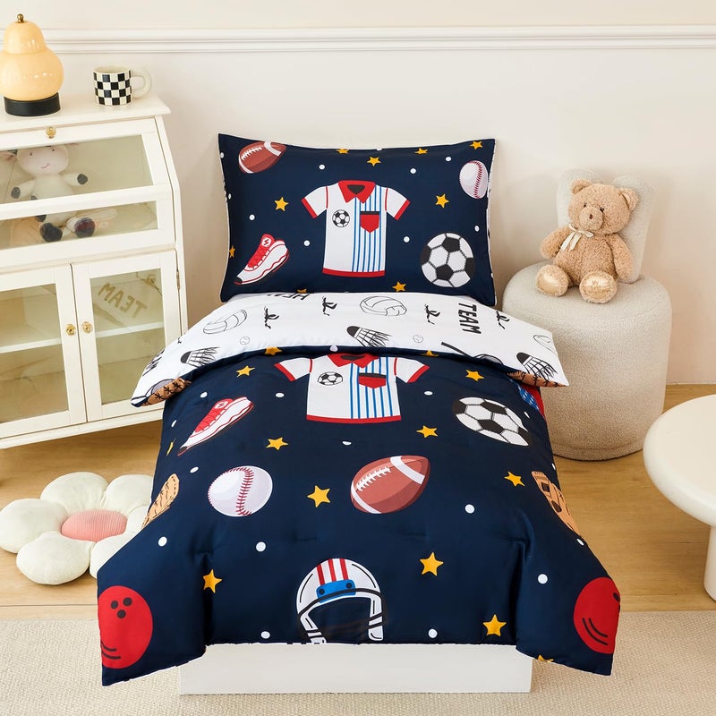 PERFEMET Sports Bedding Set Twin Size 4 Pcs Reversible Ball Sport Theme Comforter Set for Boys Girls Soft Reversible Navy Blue Baseball Football Kids Bed in a BagSport Twin