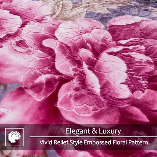 JYK Queen Size Korean Mink Blanket, 5 LB Fleece Bed Blanket - 2 Ply Reversible 520GSM Silky Soft Plush Warm Blanket for Autumn Winter, A&B Pattern Printed, (Queen 75"x87", Light Purple Peony/Peony) - Image 5