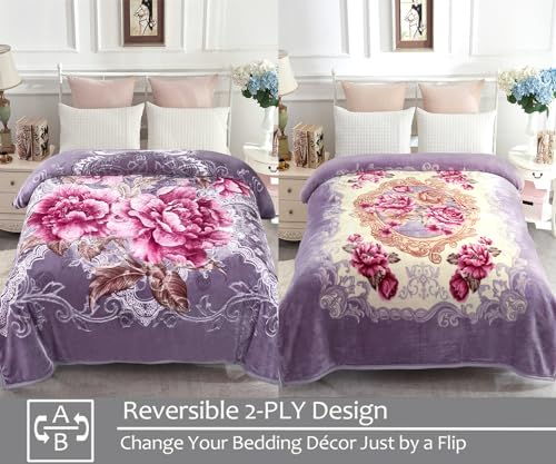 JYK Queen Size Korean Mink Blanket, 5 LB Fleece Bed Blanket - 2 Ply Reversible 520GSM Silky Soft Plush Warm Blanket for Autumn Winter, A&B Pattern Printed, (Queen 75"x87", Light Purple Peony/Peony) - Image 3