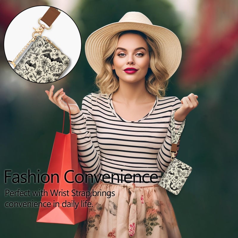 Blusabaca Credit Card Holder for Women, Goth Small RFID Blocking Wallet with Wristlet Strap, Gothic Zipper Keychain Women Wallet, Leather Card Case Wallet Purse with Key Lanyard - Image 2