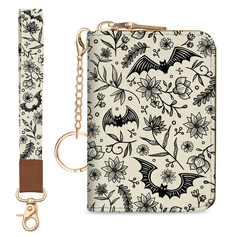 Blusabaca Credit Card Holder for Women, Goth Small RFID Blocking Wallet with Wristlet Strap, Gothic Zipper Keychain Women Wallet, Leather Card Case Wallet Purse with Key Lanyard - Image 1