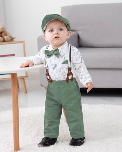 WESIDOM Baby Boy Clothes 0-24M Newborn Infant Gentleman Outfit, Shirt+Bowtie+Beret+Suspender Pant Baby boy Suit Clothing Set - Image 3
