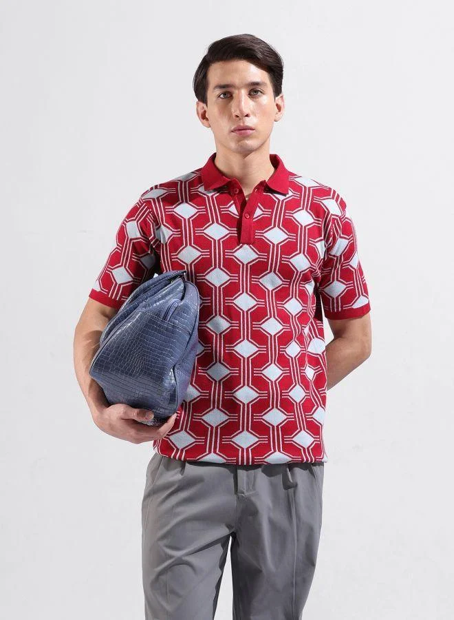 The Indian Garage Co Men Slim Fit Geometric Printed Polo Neck Half Sleeves T-Shirt