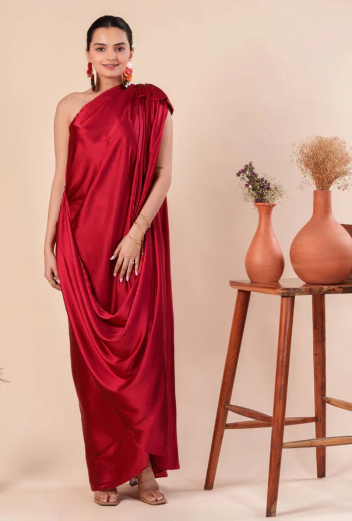 PRASHA Women Stylist Red One Shoulder Pleated And Drape Style Satin Gown - Image 1