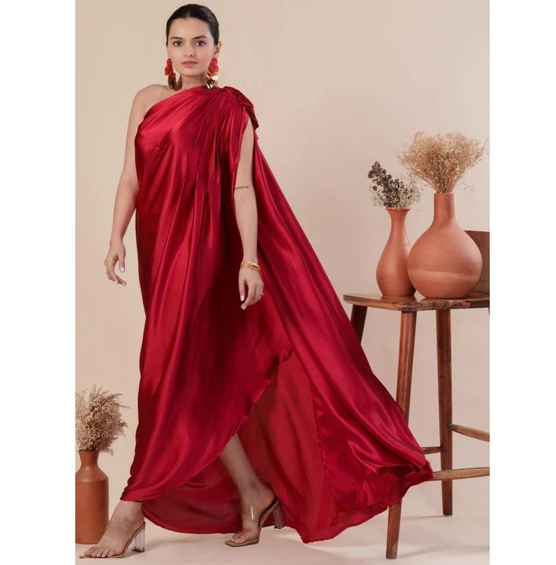 PRASHA Women Stylist Red One Shoulder Pleated And Drape Style Satin Gown - Image 2