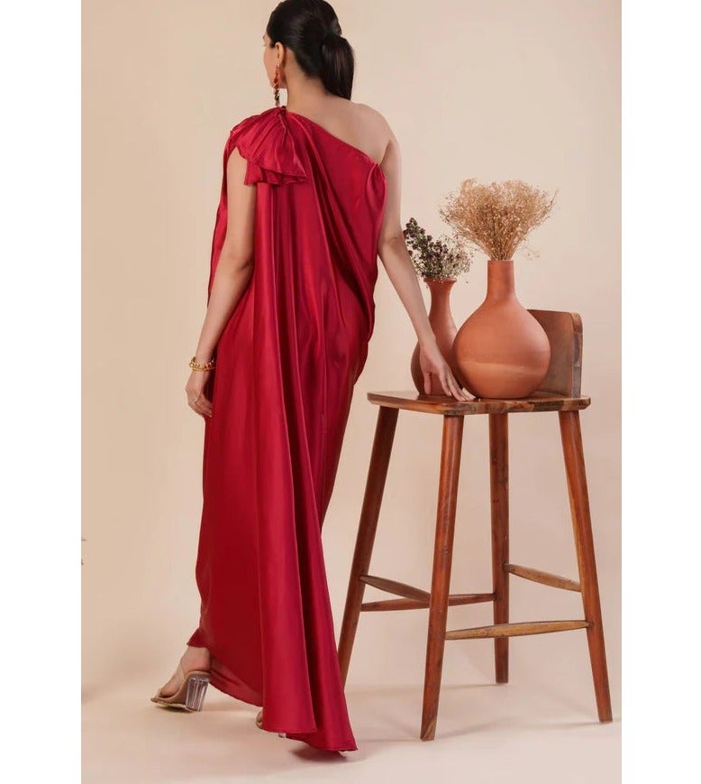 PRASHA Women Stylist Red One Shoulder Pleated And Drape Style Satin Gown - Image 3