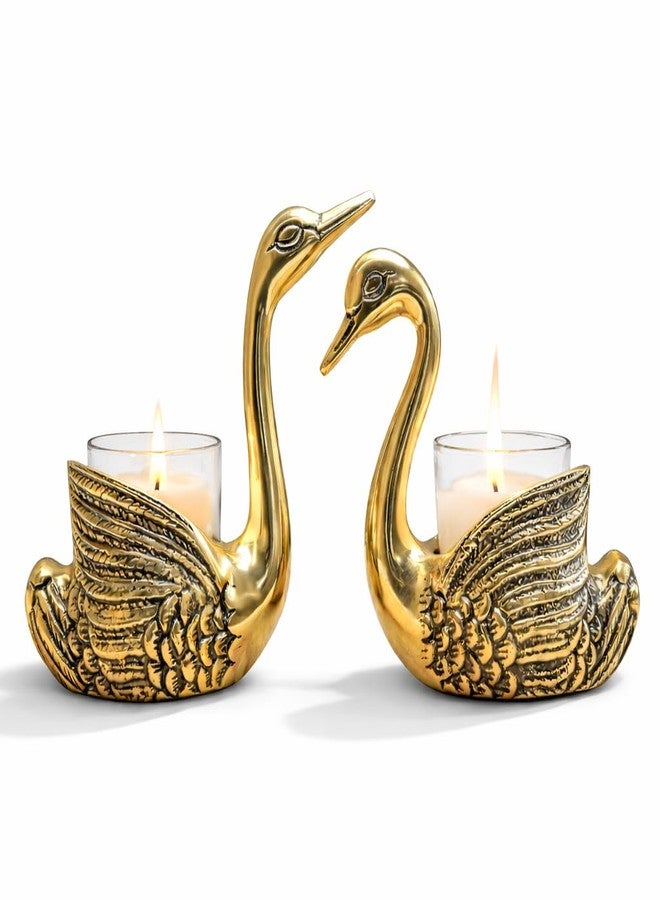 Vipron Golden Brass Swan Candle Holder Pair, Decorative Centerpiece for Home Décor, Living Room, Special Occasions, 12 cm and 13.5 cm Height - Image 1