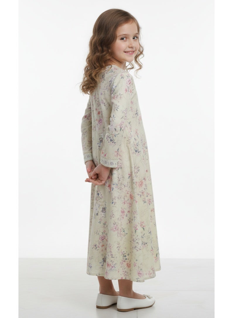 HANA & SARA Girls Arabic Digital Print Jalabiya – Pastel Floral Festive Viscose Blended Comfort Dress - Image 3