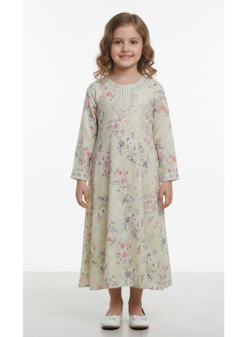 HANA & SARA Girls Arabic Digital Print Jalabiya – Pastel Floral Festive Viscose Blended Comfort Dress - Image 2