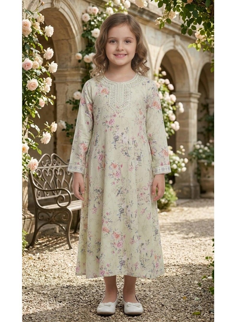 HANA & SARA Girls Arabic Digital Print Jalabiya – Pastel Floral Festive Viscose Blended Comfort Dress - Image 1