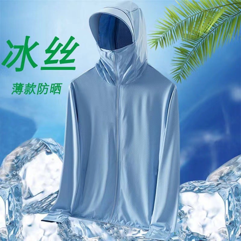 Generic Ice Silk Sun Protection Clothing Mens Summer Hooded Windbreaker Ultra-thin Breathable Outdoor Fishing Sun Protection Suit Coat Jacket Sky Blue [F03KC]] 