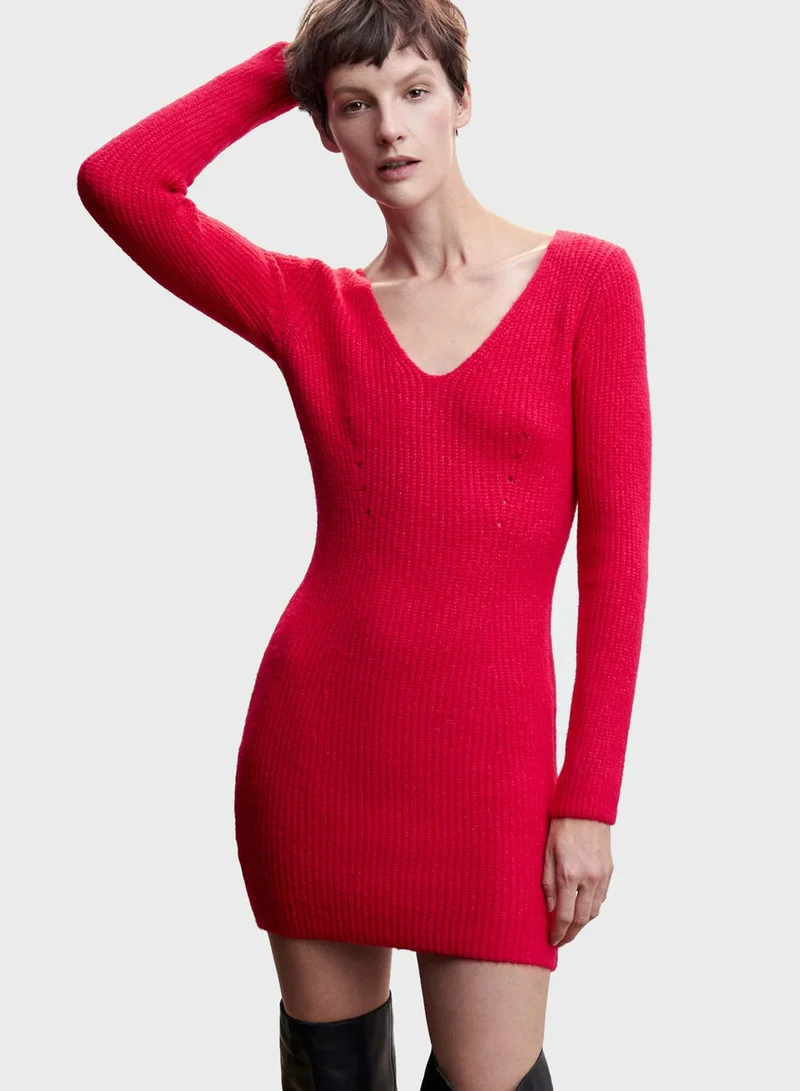 MANGO Ribbed V-Neck Dress
