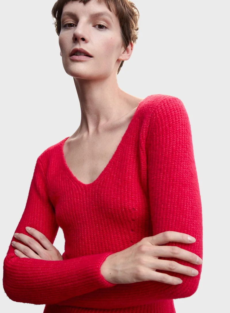 MANGO Ribbed V-Neck Dress