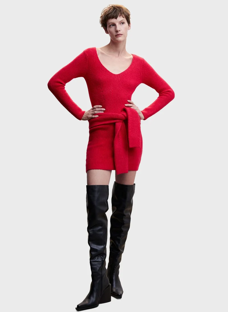 MANGO Ribbed V-Neck Dress