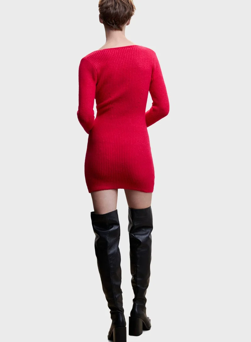 MANGO Ribbed V-Neck Dress
