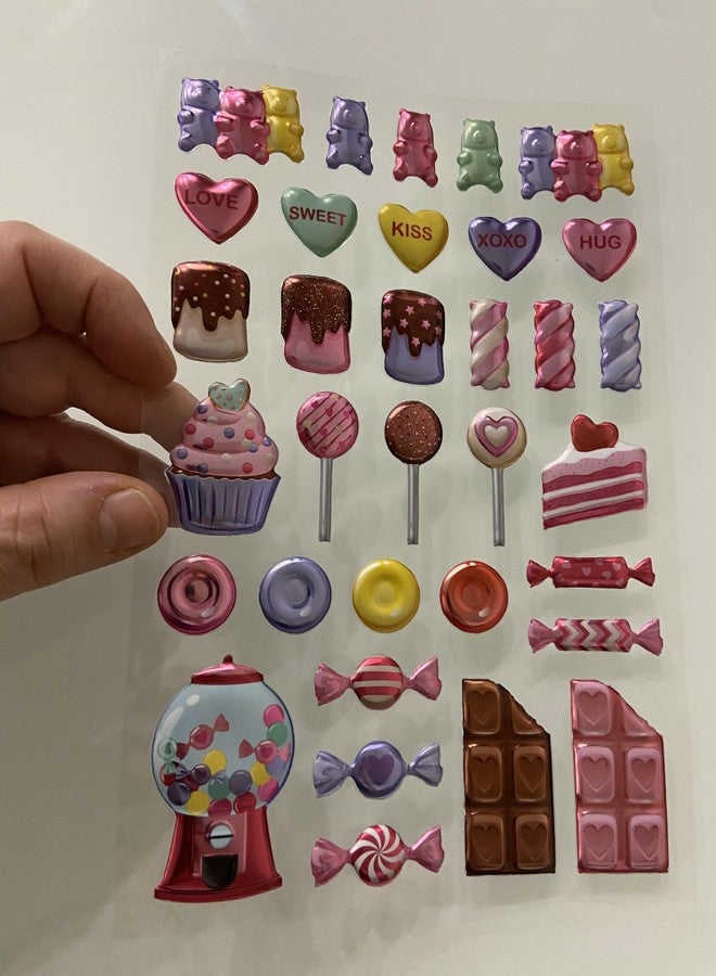 AoneFun Candy Stickers - Cute Food Stickers for Kids Girls Scrapbooking or Gingerbread House Chocolate Snack Valentines Sparkle Heart for Digital Camera Phone Case Puffy Girly Large Sticker Sheet of 33 - Image 3
