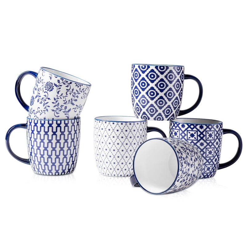 Cerkik Ceramic Coffee Mugs Set 10 OZ Large Porcelain Tea Cups with Handle for Cappuccino Latte Cocoa Milk Tea Christmas Housewarming Gift Microwave Dishwasher Safe Set of 6 Vintage Blue - Image 2