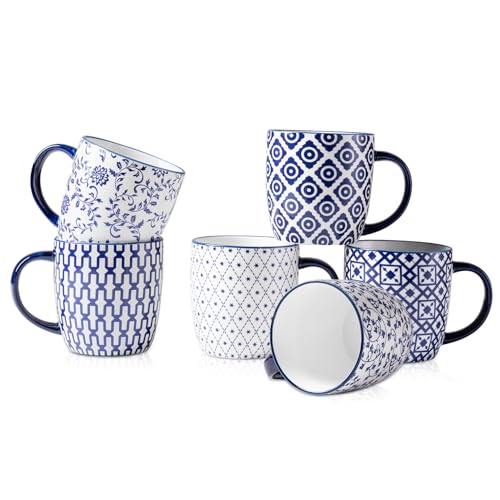 Cerkik Ceramic Coffee Mugs Set 10 OZ Large Porcelain Tea Cups with Handle for Cappuccino Latte Cocoa Milk Tea Christmas Housewarming Gift Microwave Dishwasher Safe Set of 6 Vintage Blue - Image 1
