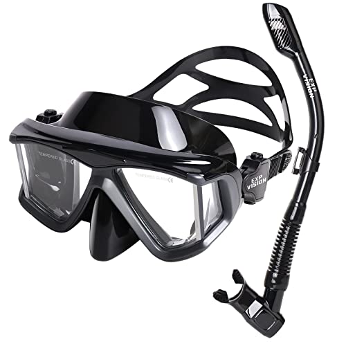 EXP VISION Snorkel Set Pano 4 Adult Snorkeling Gear Professional AntiFog Snorkel Mask Dry Top Snorkel Tempered Glass Scuba Diving Mask for Freediving Snorkeling and Swimming Black Snorkel Set - Image 1