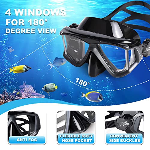 EXP VISION Snorkel Set Pano 4 Adult Snorkeling Gear Professional AntiFog Snorkel Mask Dry Top Snorkel Tempered Glass Scuba Diving Mask for Freediving Snorkeling and Swimming Black Snorkel Set - Image 3