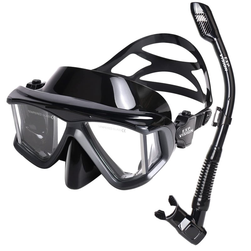 EXP VISION Snorkel Set Pano 4 Adult Snorkeling Gear Professional AntiFog Snorkel Mask Dry Top Snorkel Tempered Glass Scuba Diving Mask for Freediving Snorkeling and Swimming Black Snorkel Set - Image 2