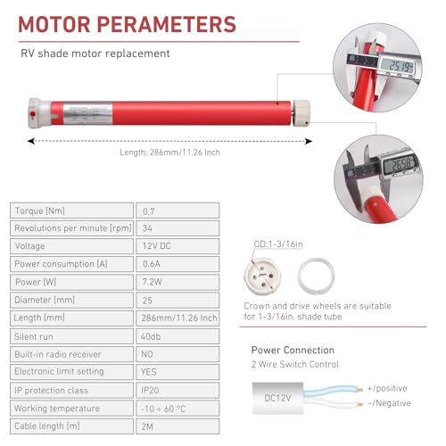 Rollerhouse 2 Wire Switch Controlled Motor Electric Roller Motor Hard Wired 12V DC Motors for RV Electric Roller Shade, Working for 1-3/16" Roller Tube - Image 5