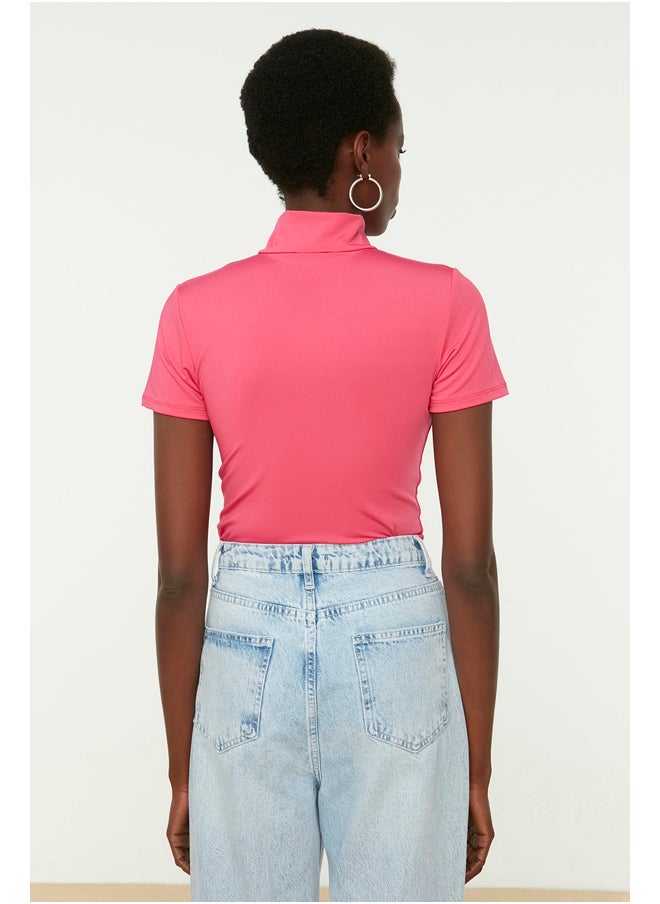 trendyol Pink Zipper Standing Collar Zippered Short Sleeves, Flexible Knitted Bodysuit TWOAW21BD0009  - Image 3