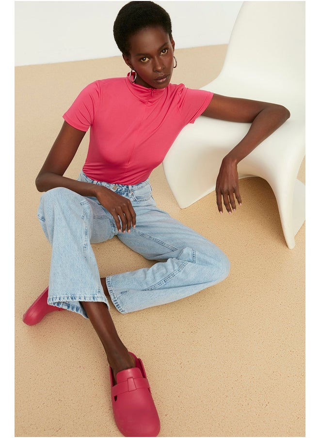 trendyol Pink Zipper Standing Collar Zippered Short Sleeves, Flexible Knitted Bodysuit TWOAW21BD0009  - Image 4