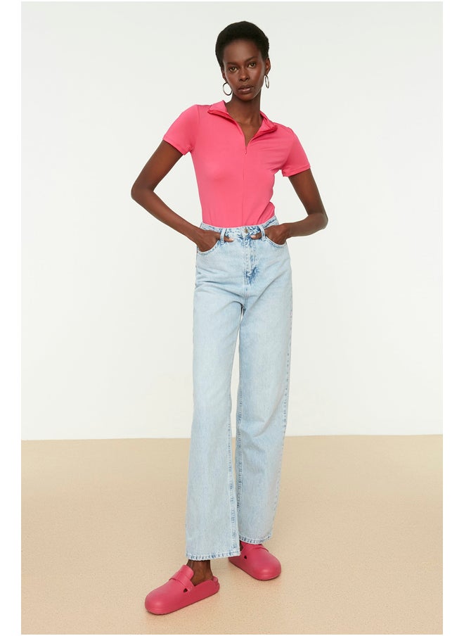 trendyol Pink Zipper Standing Collar Zippered Short Sleeves, Flexible Knitted Bodysuit TWOAW21BD0009  - Image 5