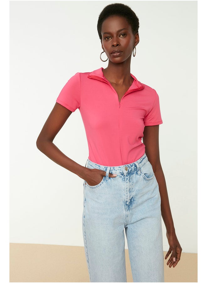 trendyol Pink Zipper Standing Collar Zippered Short Sleeves, Flexible Knitted Bodysuit TWOAW21BD0009  - Image 1