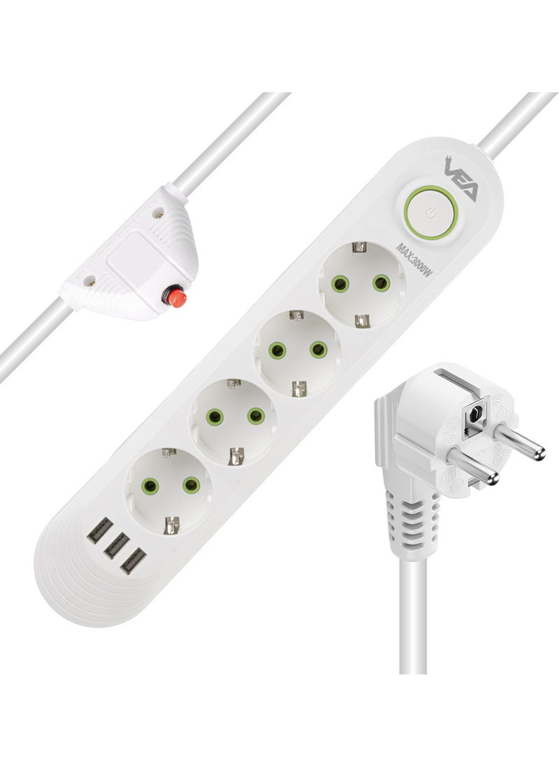 VEA VA-21560 4-Plus 1.5 Meter Cable 3 USB White Surge Protected Socket  - Image 1