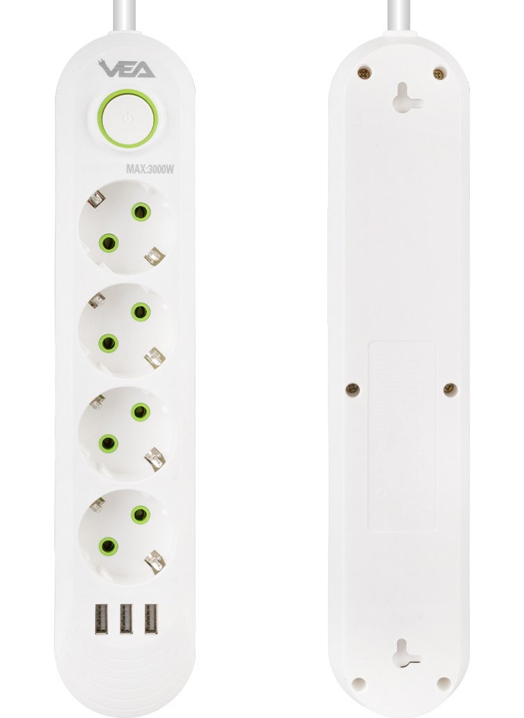 VEA VA-21560 4-Plus 1.5 Meter Cable 3 USB White Surge Protected Socket  - Image 2